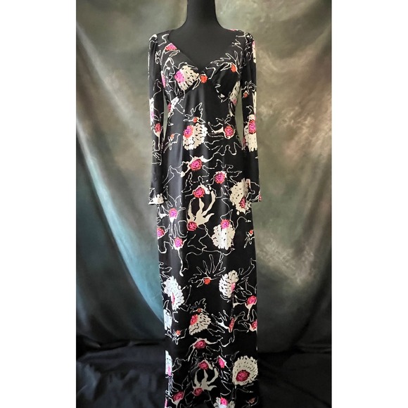 Vintage 70s Sirena Floral Maxi Dress Long Sleeve Party Cocktail Open Back Size S - Picture 1 of 7